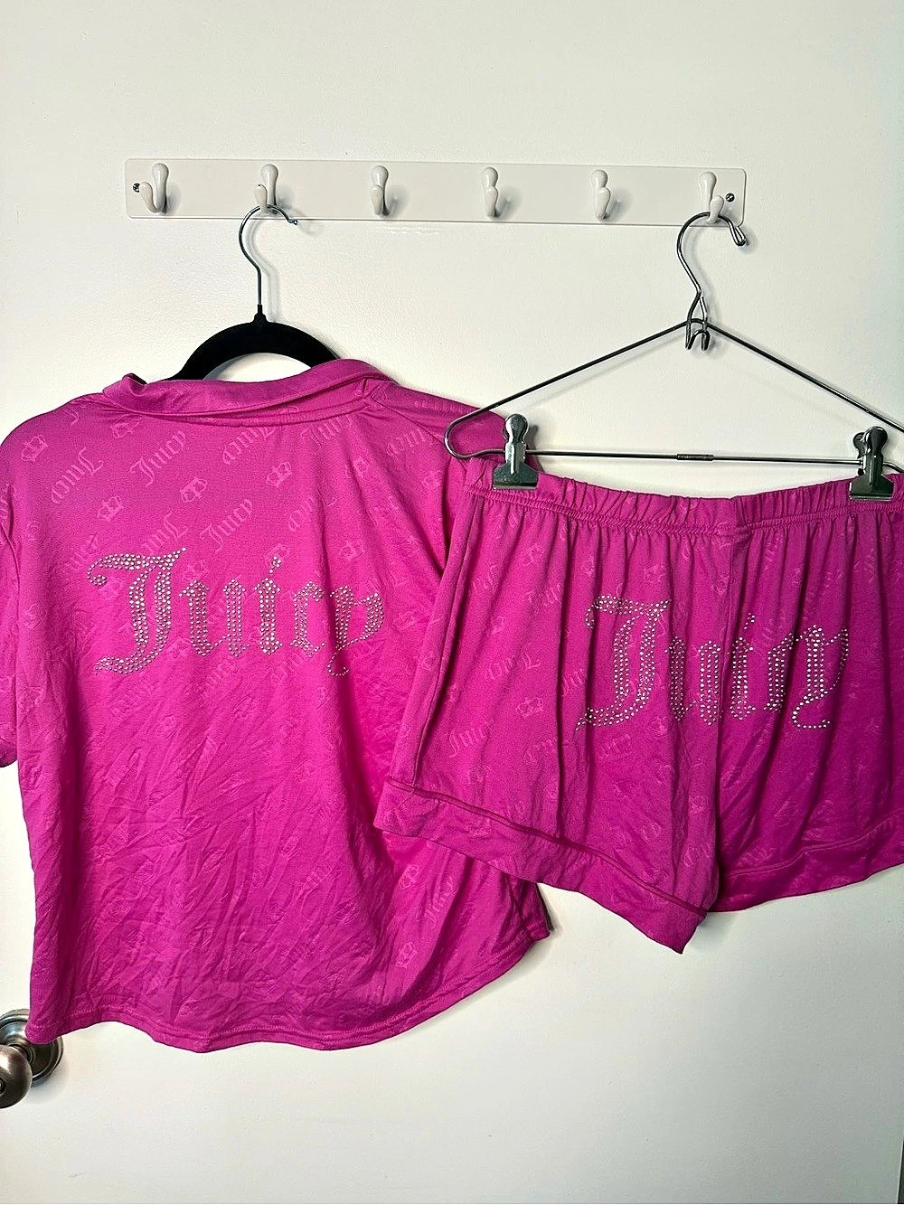Juicy Couture Pink Rhinestone Logo Pajama Set Short Sleeve Top & Shorts Preppy